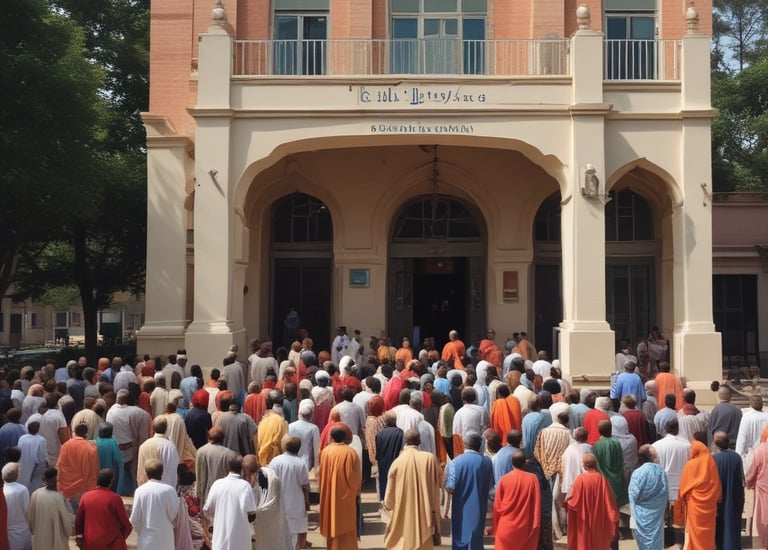 A group of individuals, including clergy members such as a person in a pink ceremonial robe and a nun, standing next to a brick building. Several vehicles and trees are visible in the background. One person is holding a camera and wearing a vest with 'Fr. Ramon KAJUGA TVET School' written on it.