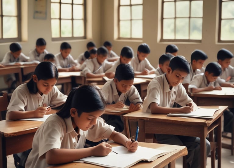 A group of children sitting at wooden desks in a classroom environment. They are focused on writing with pens, and wearing green uniforms. The room appears well-lit with natural light coming through a window.