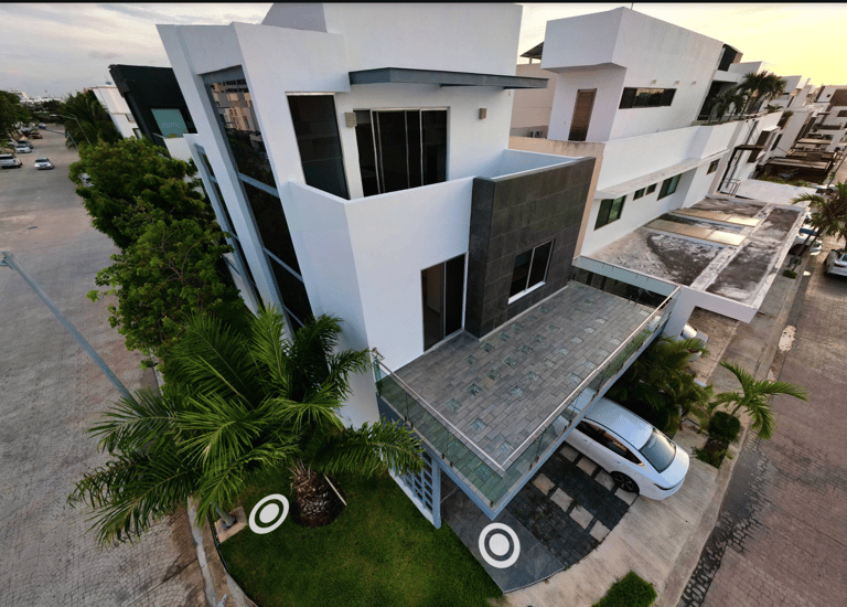 360° virtual tour of modern apartment with interactive labels on kitchen, bathroom, terrace