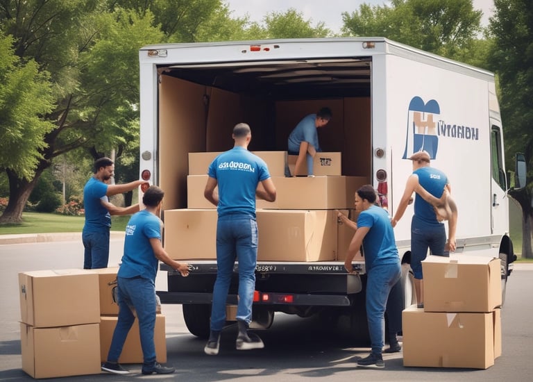 a group of people moving boxes into a moving truck
