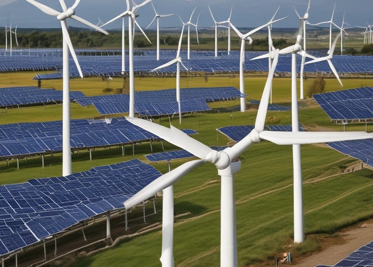 A quaint coastal town with a collection of houses and buildings nestled among lush green trees. A wind turbine is visible in the distance, indicating an interest in renewable energy. The town is bordered by a body of water in the foreground and rolling hills in the background.