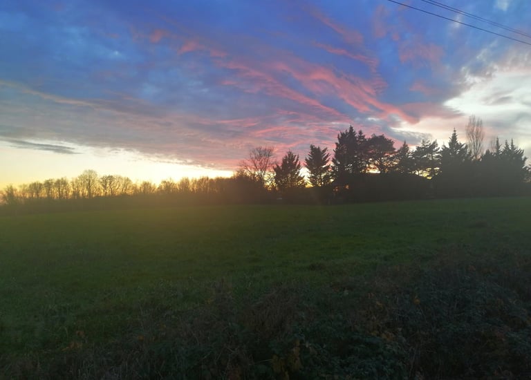 Sonnenuntergang auf den Feldern rund um den Bauernhof