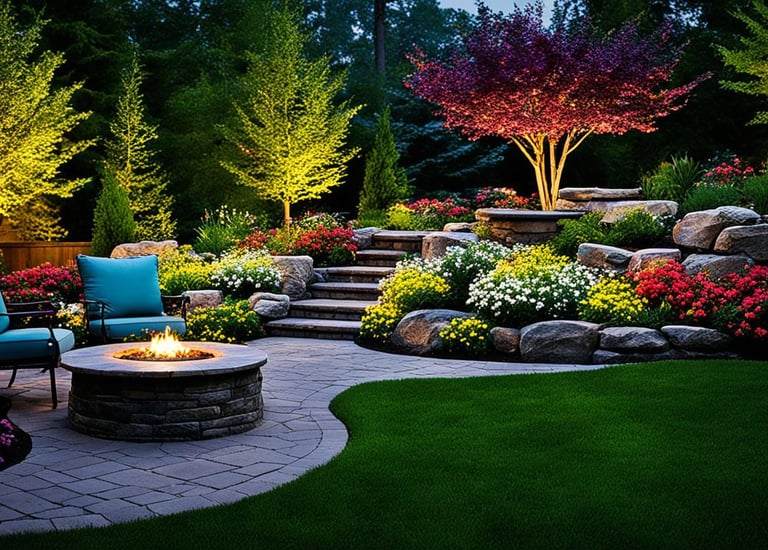 a patio with a fire pit in the middle of a garden