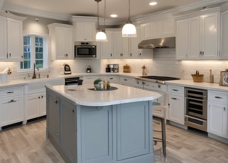 új konyhapult és csempe hátfal felszerelve.