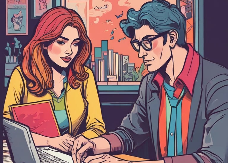 A sleek modern office with blue and white tones, showing a team collaborating over data charts on screens.