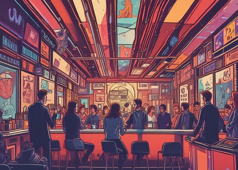 A futuristic cityscape at dusk with glowing data visualizations overlayed in blue hues.