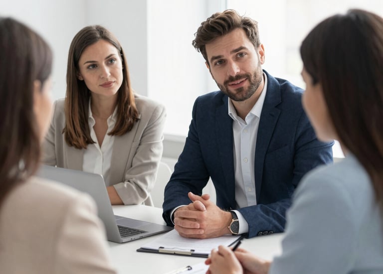 A consultant reviewing a resume with a client in a cozy meeting room.