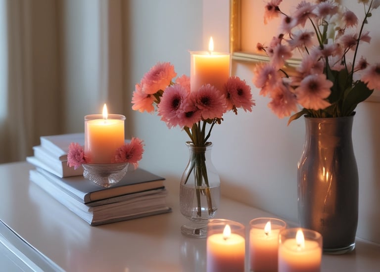 A handcrafted wooden pyramid with intricate carvings and figures, sitting on a windowsill. It is surrounded by small white candles, and there is a sheer curtain partially covering the window.