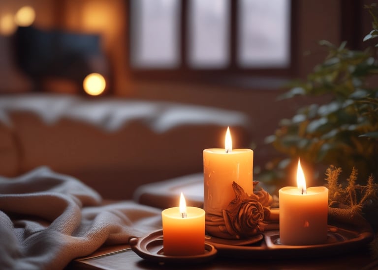 A collection of colorful, intricately designed candle holders displayed behind a window. The candle holders are elevated on black metal stands and emit a warm, inviting glow. Various patterns are visible on the holders, including urban landscapes and abstract designs. In the foreground, there are vibrant flowers, enhancing the cozy and artistic atmosphere.