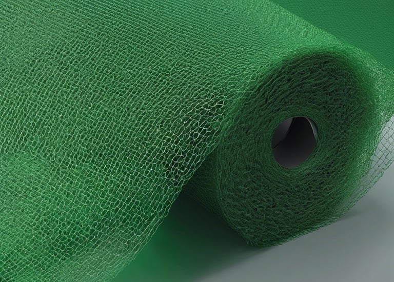 A green mesh fence stretches along a garden area with lush green trees in the background. The foreground features a smooth, shiny tiled surface, and part of a white structure is visible on the left side. Light and shadow patterns play across the scene, suggesting a sunny day.