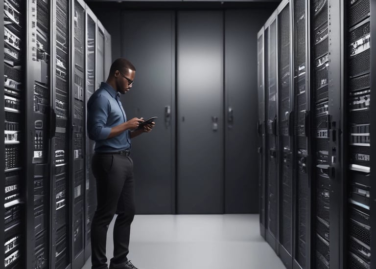 Black expert working on ict server room