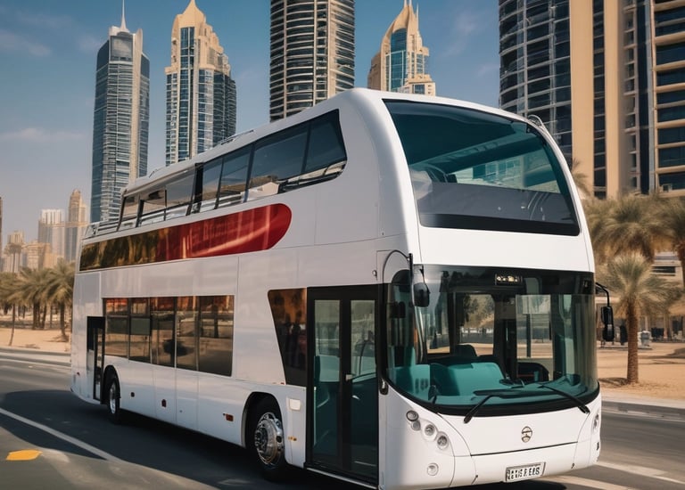 A modern urban scene featuring tall palm trees, skyscrapers, and the entrance to a shopping mall with the name 'Dubai Mall' prominently displayed. The architecture is sleek and contemporary, with flags lining the pathway to the entrance.