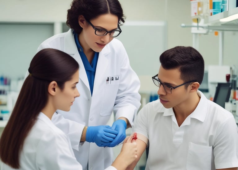 A high-tech laboratory environment featuring multiple digital screens displaying complex graphical data, including a large DNA helix. The room contains advanced laboratory equipment on a sleek table and a chair draped with a white lab coat. Soft lighting and a futuristic aesthetic contribute to the overall ambiance.