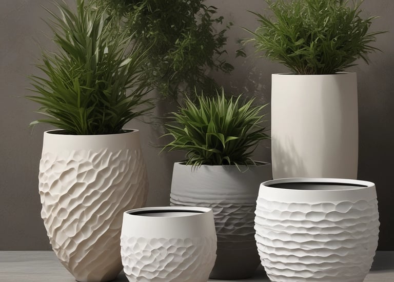 a group of three white vases with plants in them