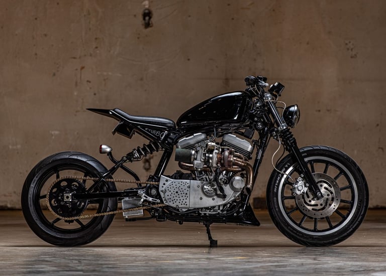 custom black sportster redesigned with turbo engine.