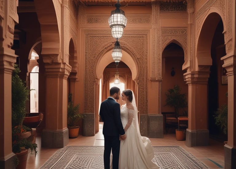 A couple, possibly newlyweds, is cutting a cake with a professional photographer taking pictures of the moment. The setting appears to be a warmly lit reception area with other guests in the background. A smartphone is visible in the foreground, capturing the event.