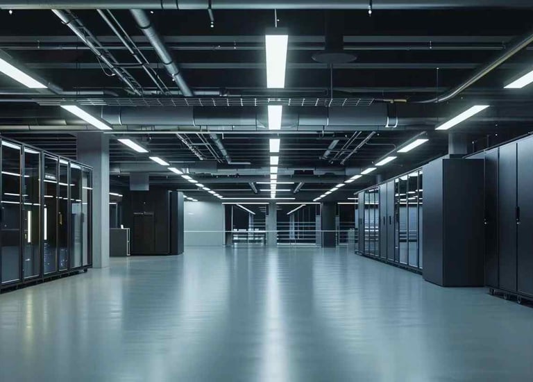 un largo pasillo con una gran cantidad de datos y equipos sobre bandejas de cables de malla de alamb