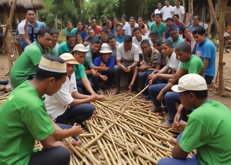 Local workers carefully planting bamboo shoots in a reforestation area