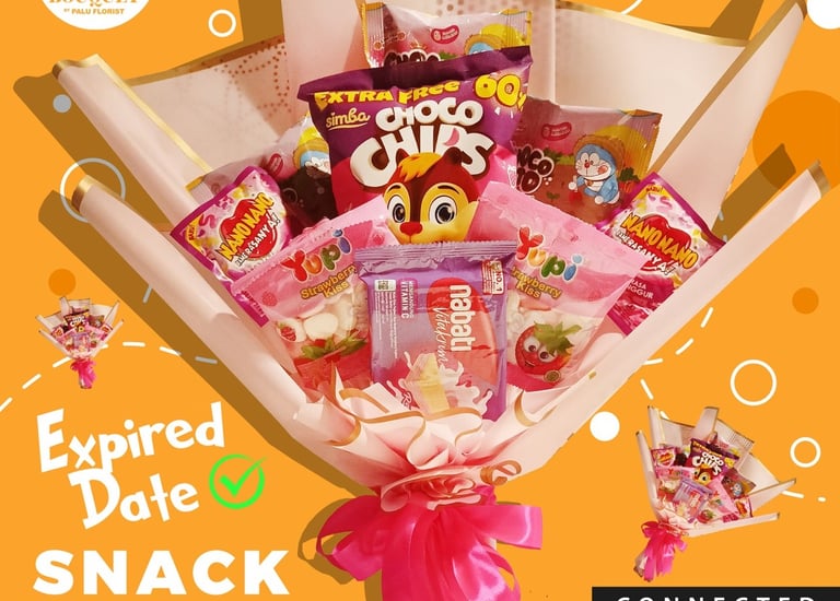 Custom snack bouquet gift featuring Choco Chips, Yupi gummies, and Nabati wafers wrapped in elegant paper.