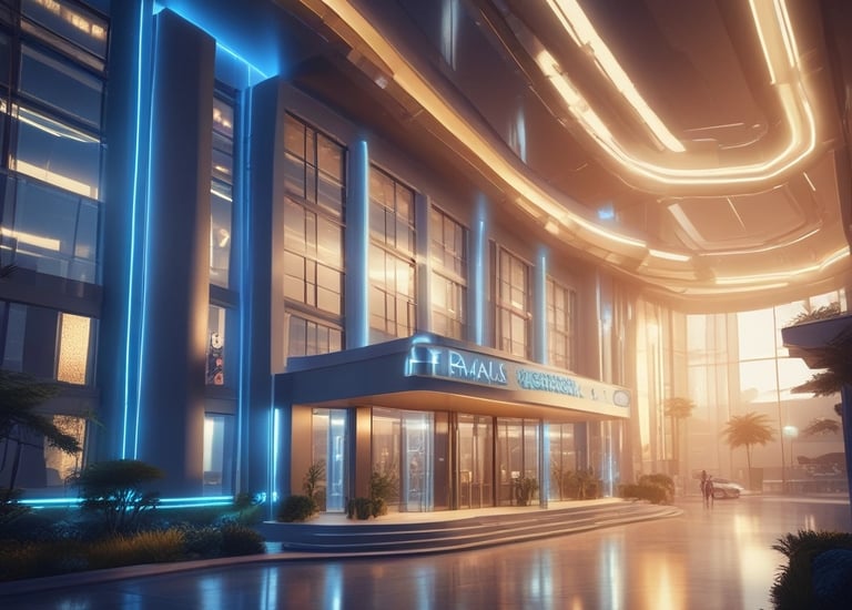 A modern real estate development with gold-accented architectural details.