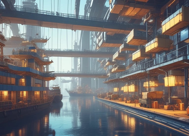 A bustling free zone with cargo ships and logistics centers under navy skies.