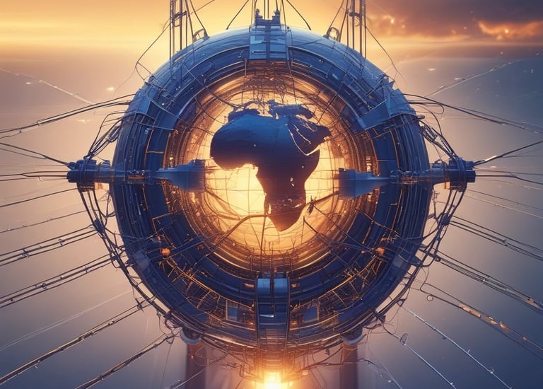 Solar panels and wind turbines set against a golden sunrise over farmland.