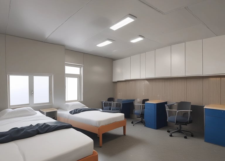 Modular cabin units arranged neatly at a busy Dubai logistics hub