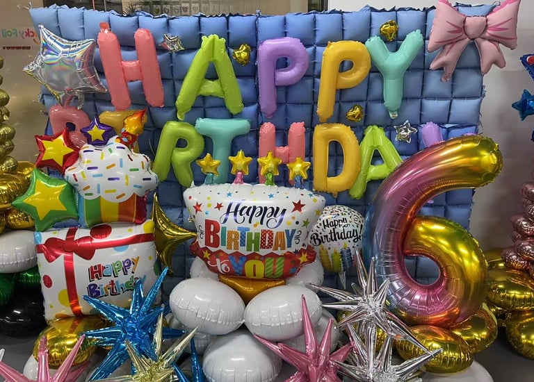 Colorful birthday party balloon display with Happy Birthday letters and a large number six balloon.