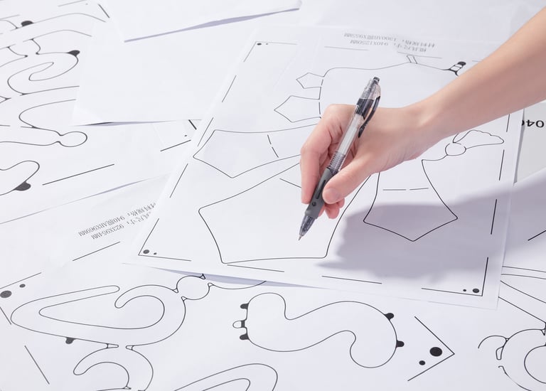 A person using a black ink pen to trace a garment sewing pattern on white paper.