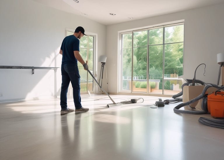 After-construction cleaning crew removing debris from a commercial site.