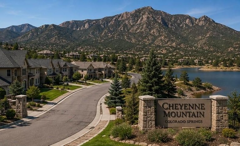 prestigious residential neighbourhood at base of Cheyenne Mountain Colorado Springs showing large homes with mountain