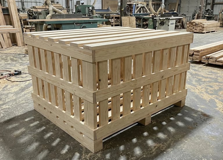 透氣式條板木箱 (Fully-ventilated Crate)，結構通風良好，適合運送需要散熱或防潮的工業產品。