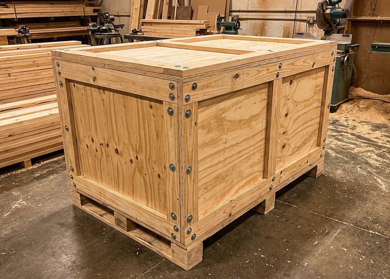 採用螺栓固定的可重複使用木箱包裝 (Reusable Bolted Crate Packaging)，結構穩固且易於拆卸回收，適合循環物流使用。