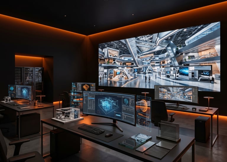 Photorealistic 3D visualization of a futuristic exhibition booth environment