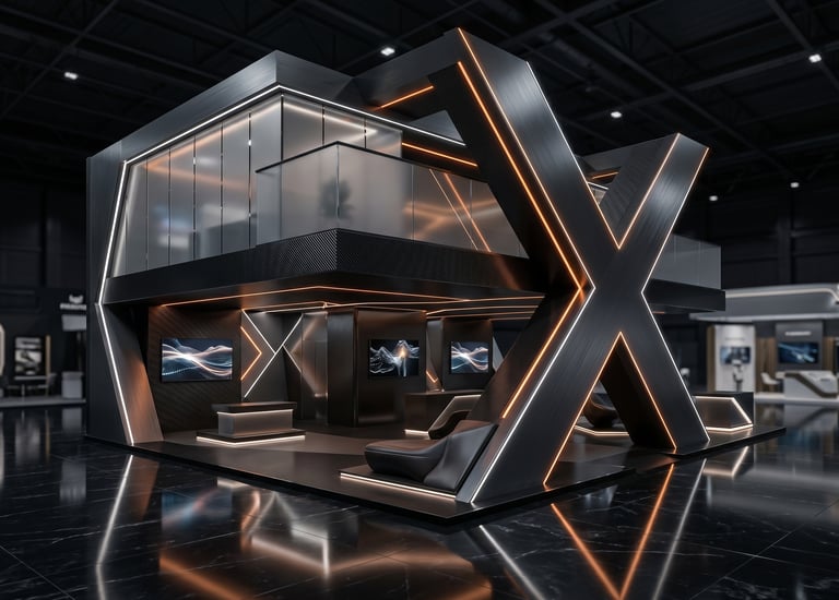 Custom exhibition stand design with futuristic architecture and immersive branding