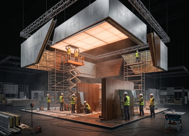Professional trade show booth construction inside a premium exhibition hall