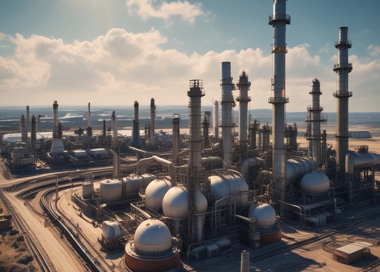 Engineers collaborating over blueprints in an industrial setting.