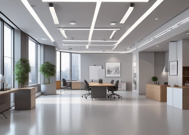 Office space undergoing a modern renovation with workers adjusting new partitions.