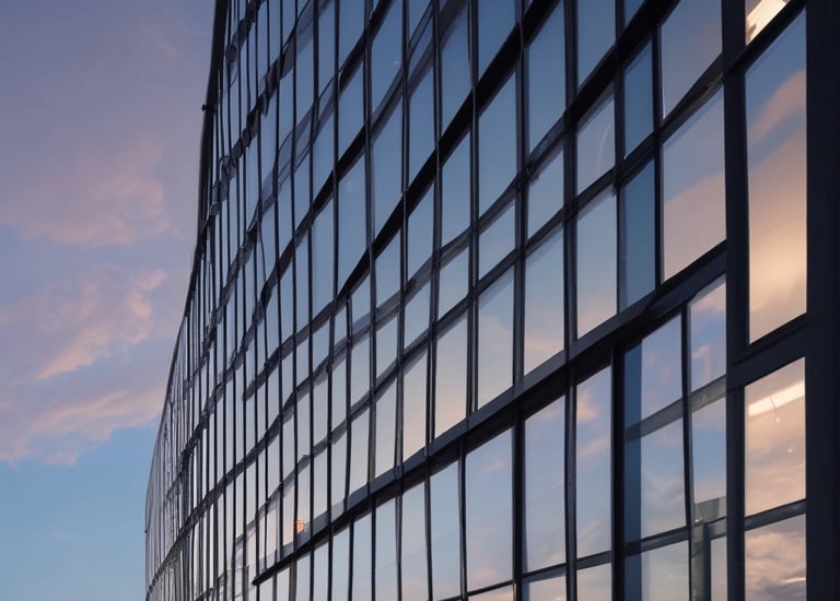 Close-up of modern glass facade reflecting sunlight on a corporate building.
