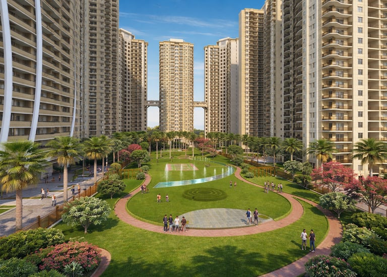 Luxury high-rise residential apartments overlooking a landscaped green park with walking paths and fountains.