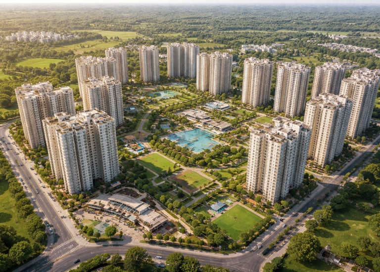 Aerial view of a luxury residential apartment complex with high-rise buildings and green landscaped parks.