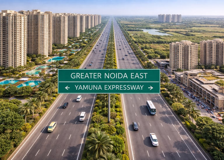 Aerial view of Yamuna Expressway in Greater Noida East with modern high-rise apartments and traffic.