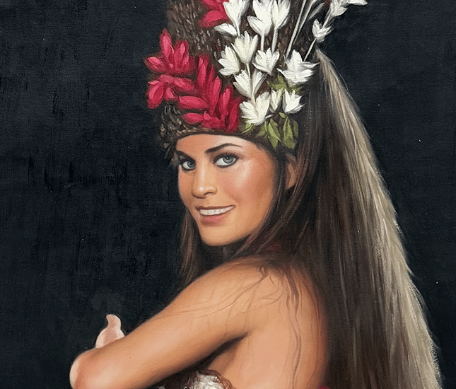 Oil painting of a smiling Tahitian hula dancer wearing a traditional red and white floral headdress.