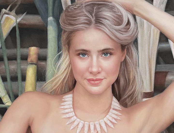 Oil painting of a blonde woman with blue eyes wearing a seashell necklace in a tropical setting.
