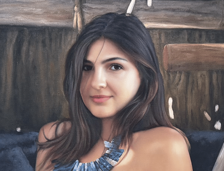 A realistic oil painting of a woman with dark hair wearing a blue stone statement necklace.