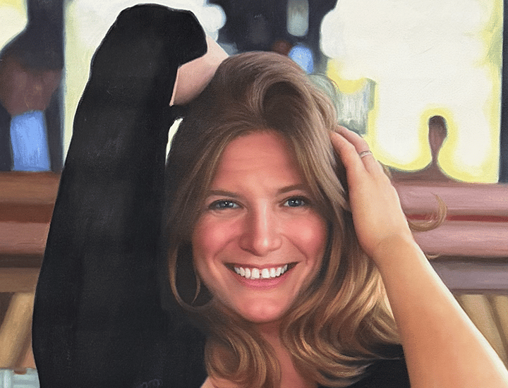 Oil painting of a smiling woman with wavy hair posing against a blurred city light background.