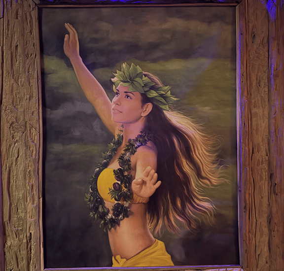 Framed oil painting of a traditional Hawaiian hula dancer wearing a leaf lei and yellow haku.