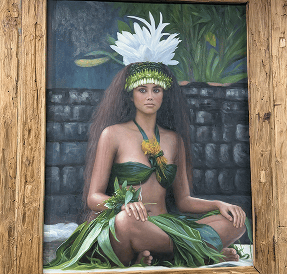 Oil painting of a Polynesian woman in traditional leaf dress and white feather headdress.