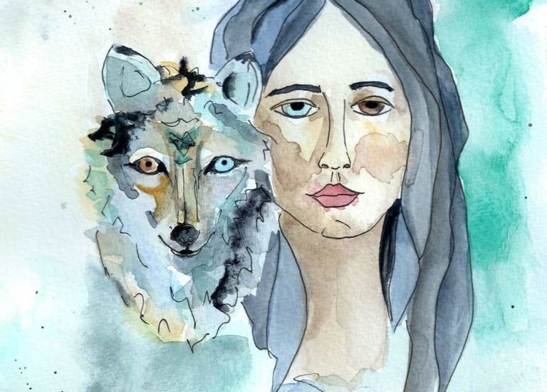 Watercolor woman and wolf illustration symbolizing intuition, feminine energy and spiritual connecti