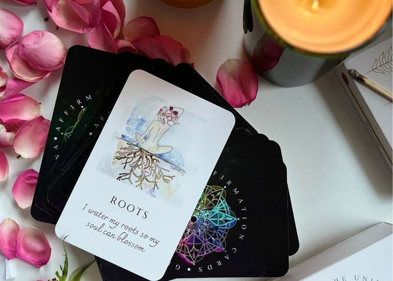 Affirmation cards with candles and flowers for mindful rituals and spiritual self-care